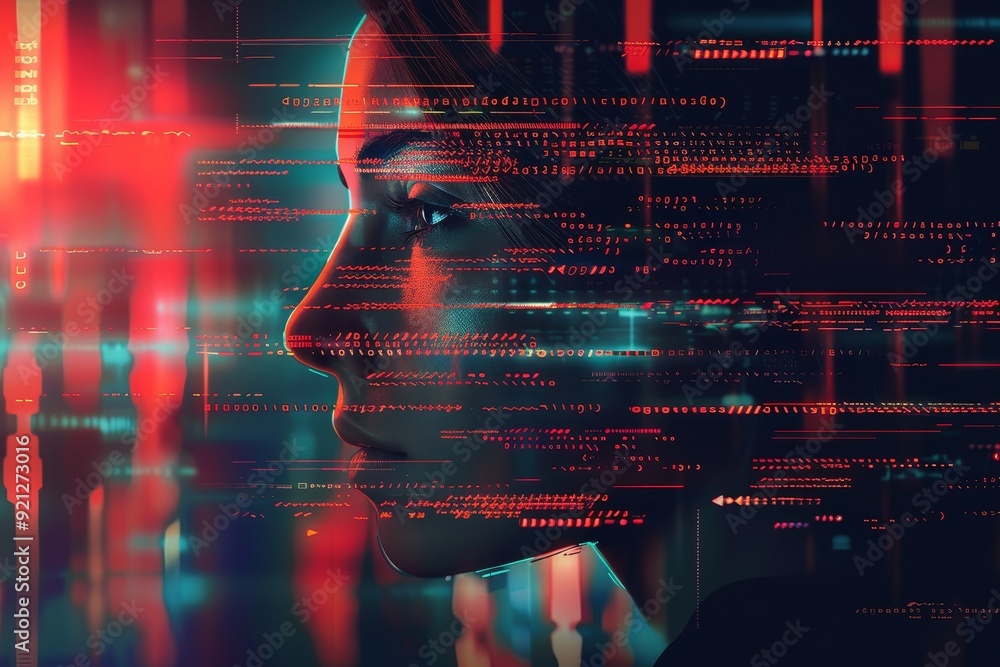 Poster close-up of a womans face examining data on a computer screen, illustrating the process of data mask