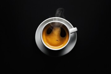 Top View of Steaming Cup of Coffee with a Saucer on a Black Background