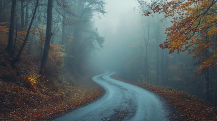Obraz premium Mystical and eerie autumn forest with a road shrouded in fog, creating a magical and fairytale-like atmosphere.