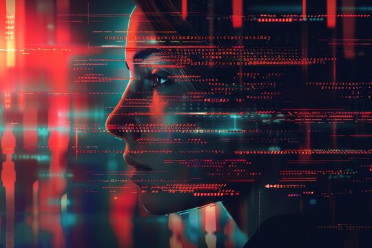 Close-up of a womans face examining data on a computer screen, illustrating the process of data masking, Illustrating the process of data masking to conceal sensitive information - Powered by Adobe