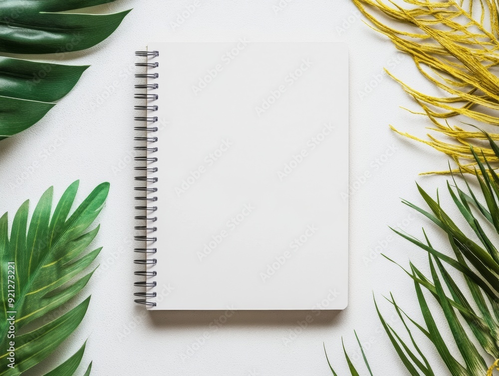 Poster ethereal study scene with vibrant white notebook on patterned rug and wooden desk arrangement for br