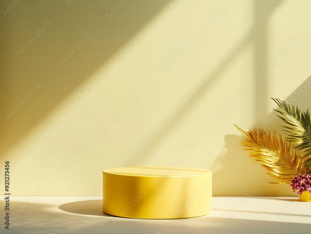 Poster minimalist monochromatic yellow cylindrical podium in gentle diffused natural light on light yellow 