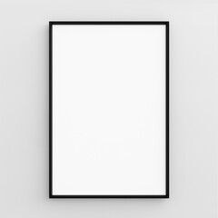 Mockup of a 2x3 thin black vertical frame on light gray wall background. Artwork, art print, wall art mockup. Blank white framed picture with copy space, minimalist, simple.