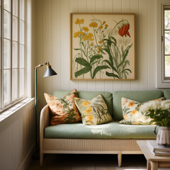 Floral painting in a wooden frame decorating a vintage rustic living room. Artwork, art print, wall art mockup. Summer cottage, farmhouse, cozy home interior.