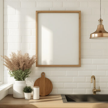 Mockup of a 4x5 vertical wooden frame in a modern kitchen interior, in a Scandinavian / boho style, with sunlight on white wall. Artwork, poster, art print, wall art mockup.