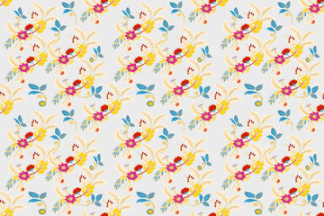 Seamless ikat fabric pattern. Orange floral, green leaves and gold damask on white background. Illustration, vector, wallpaper, wrapping paper.