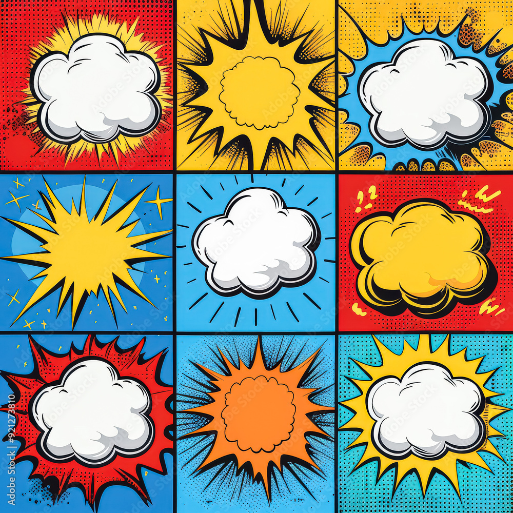 Poster a series of colorful drawings of clouds with a blank space in the middle. scene is playful and whims