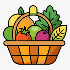 rustic basket with a handle full of colorful vector illustration