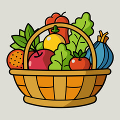 rustic basket with a handle full of colorful vector illustration