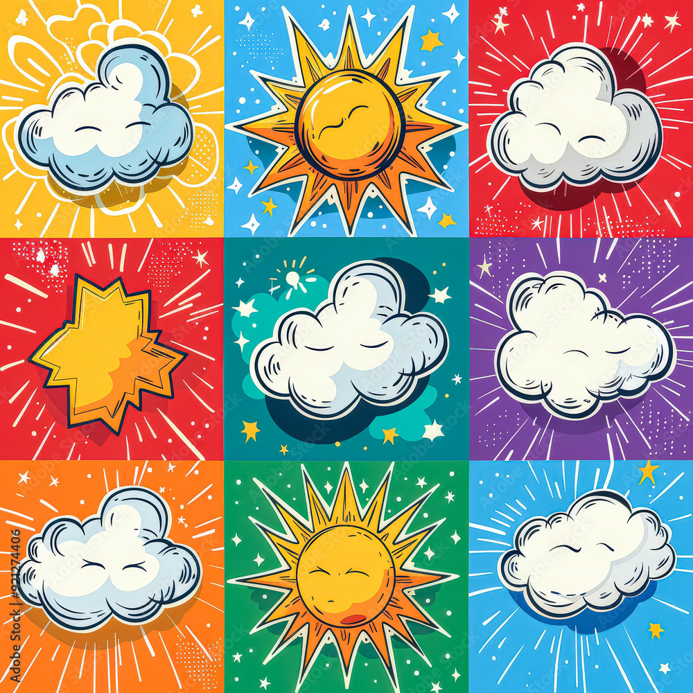 Poster a series of colorful drawings of clouds with a blank space in the middle. scene is playful and whims