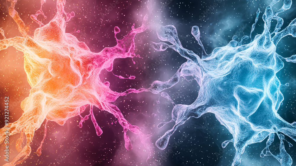 Wall mural two colorful neurons are shown in a space with stars. the neurons are pink and blue. concept of wond