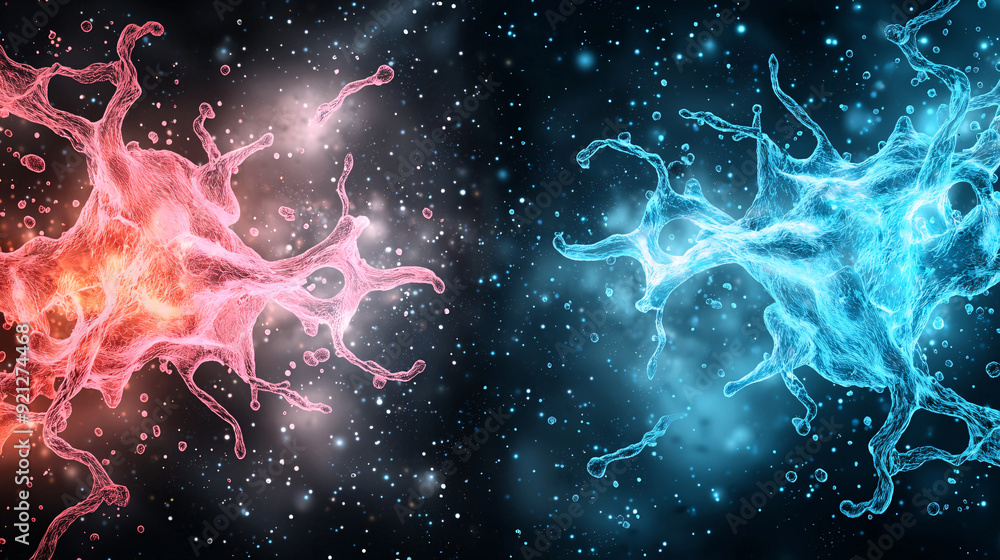 Wall mural two neurons are shown in a blue and red color. the blue neuron is on the left and the red neuron is 