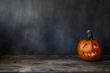 A pumpkin with a scary face is sitting on a wooden table generative ai.