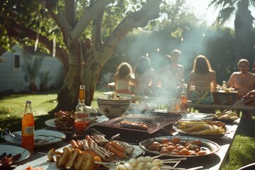 People sitting around a table enjoying a meal together, Images of barbecues and picnics with friends and family