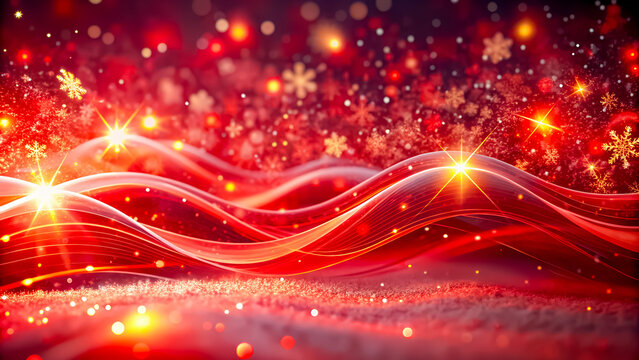 Captivating 3D Festive Winter Scene with Radiant Red Light Waves and Sparkling Snowflakes Perfect for Holiday-Themed Promotions, Immersive Digital Art, and High-Impact Visuals. Christmas Background