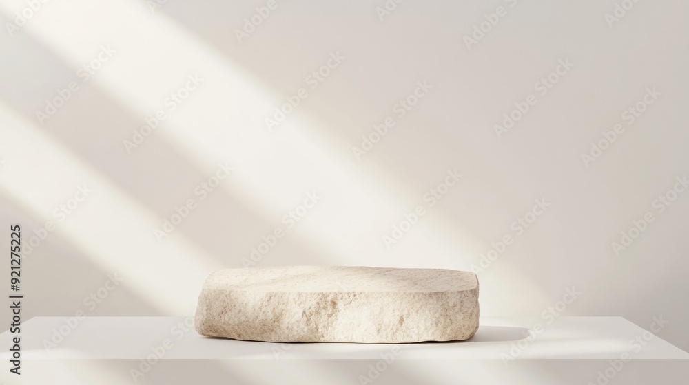 Poster Minimalist Sandstone Podium on White Background with Textured Surface and Diffused Lighting Creating a Calm Atmosphere for Product Display