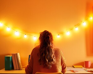 Indian Female Student in Her 20s Studying in Warmly Lit Dorm Room with Vintage Decor, Focused on Laptop During Evening