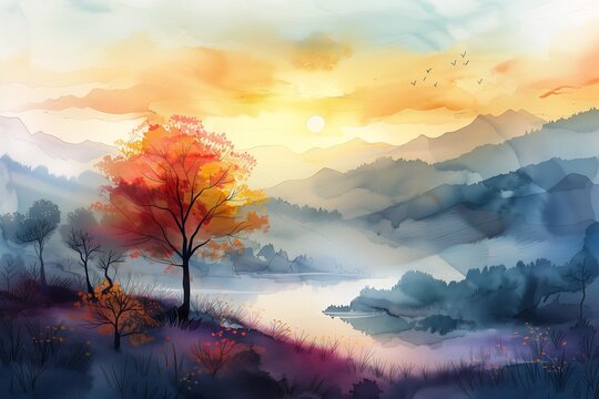 tree field lake mountains background sunset falling leaves reality infused dreams flowing feeling early colored layers