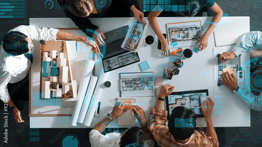 Poster top view of architect engineer measure blueprint by using architectural equipment while group of des
