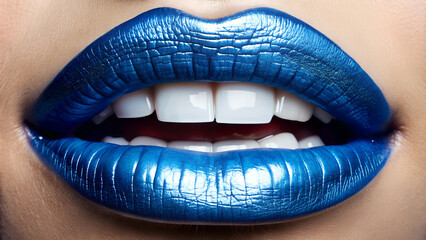 In the foreground, large shiny blue lips with white teeth.
