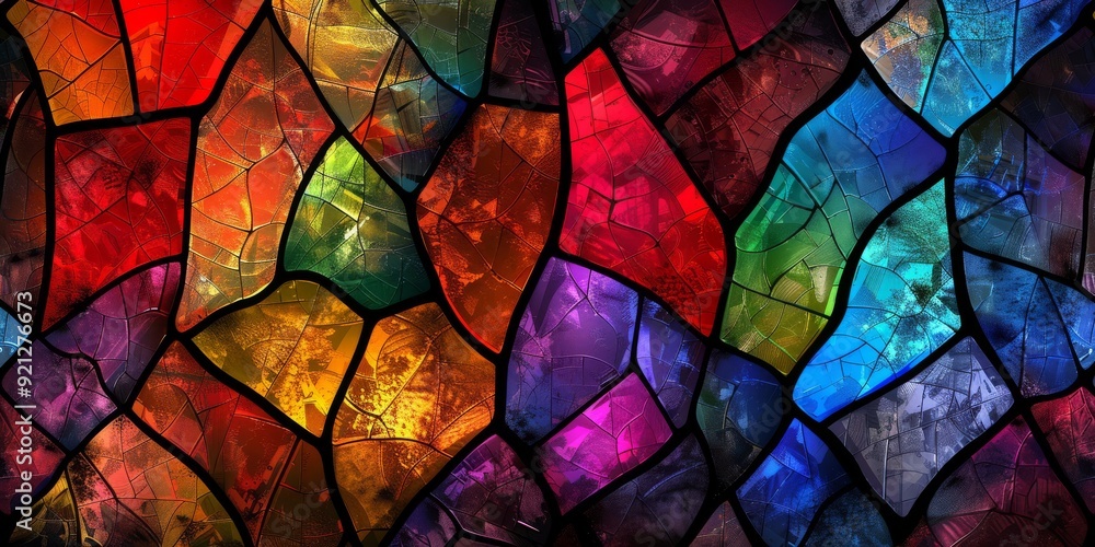 Poster a captivating stained glass pattern with vibrant colors and intricate shapes that mesmerize the view