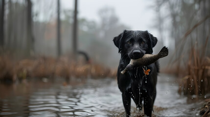A Black Labrador retrieving a mallard during a duck hunting outing with its owner at a lake.