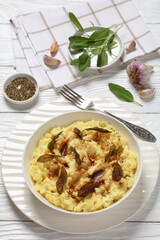 Brown Butter Potato Mash with fried sage leaves