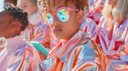 Multiethnic Teenagers Collaborate in Futuristic Classroom with Tablets and Smart Supplies