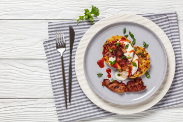 tasty cheese sweet corn pancakes with fried bacon