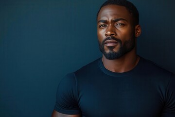 Obraz premium muscular model showcasing fitted black tshirt dramatic chiaroscuro lighting minimalist studio setting fashionforward pose