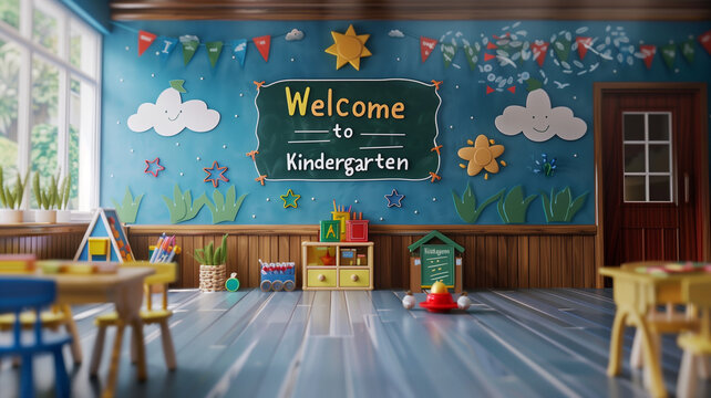 "Welcome to Kindergarten"  written on a chalkboard in a contemporary American style classroom.