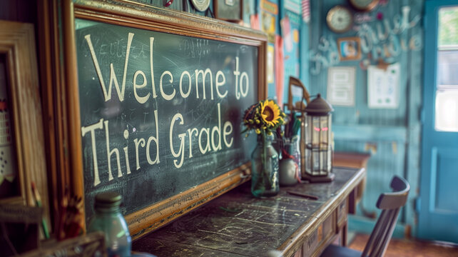 "Welcome to Third Grade" written on a chalkboard in a contemporary elementary school classroom.