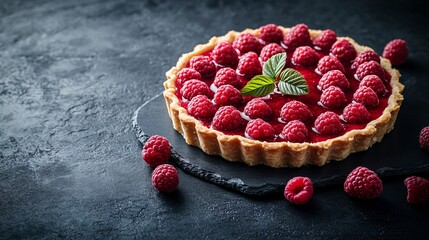 A vibrant raspberry tart with a glossy red finish, sitting on a dark, textured charcoal concrete surface, with a few fresh raspberries scattered around