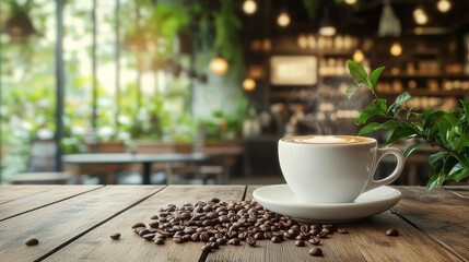 A hot coffee cup sits on a wooden table, surrounded by coffee beans. In the background, the warm and inviting ambiance of a coffee shop is visible, with ample copy space to the side.