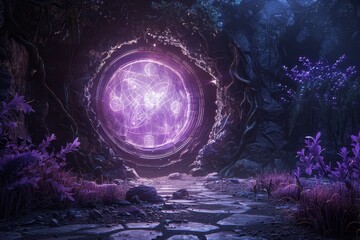 A purple door stands in the midst of a dense forest, Imagine a mystical portal surrounded by...