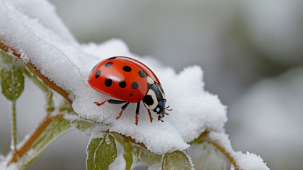 ladybugs, in snowy nature with blurry background for wallpaper, banner, poster, cover