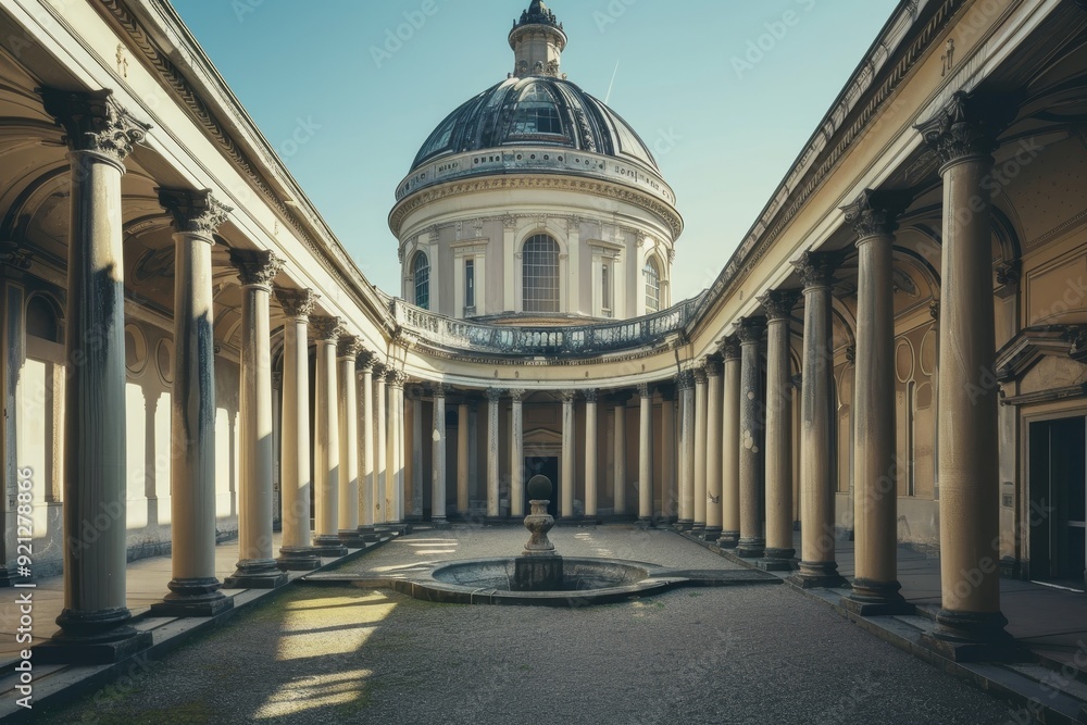 Poster a courtyard featuring neoclassical columns with a large dome in the background, imagine a neoclassic