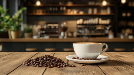 A hot coffee cup sits on a wooden table, surrounded by coffee beans. In the background, the warm and inviting ambiance of a coffee shop is visible, with ample copy space to the side.