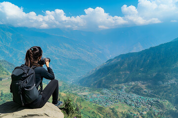 Naklejka premium Mujer joven en lo alto de una montaña fotografía con cámara reflex