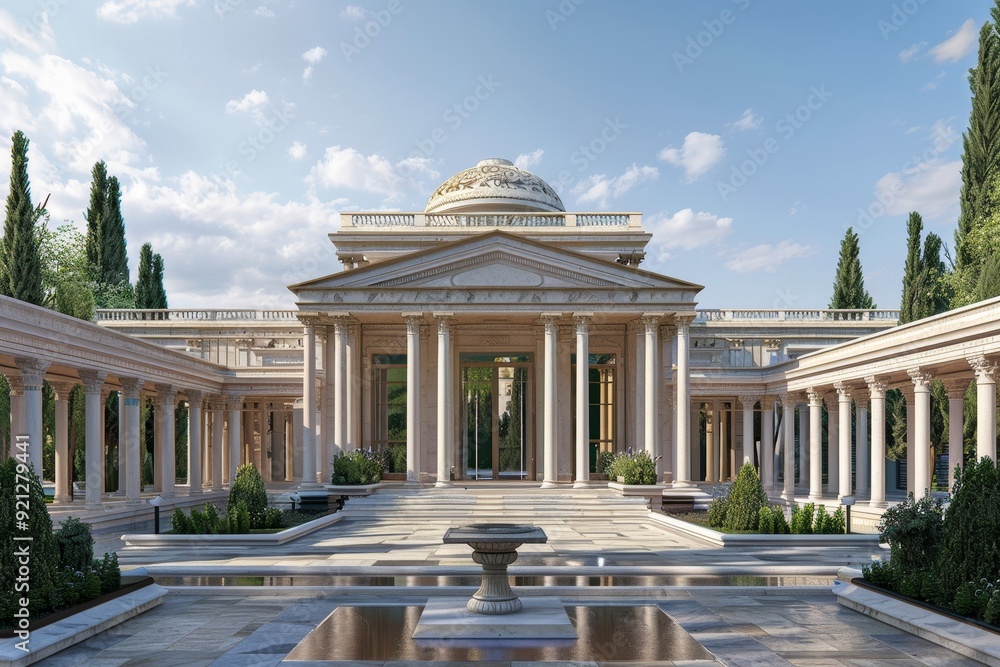 Poster a grand white building with columns and a fountain in the foreground, showcasing classical architect