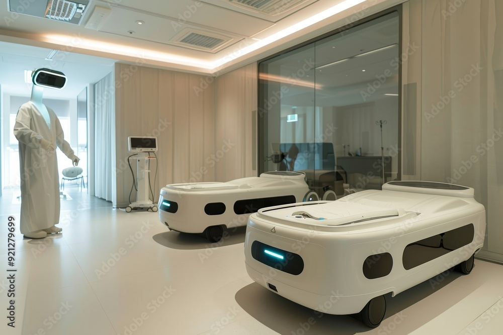 Poster a room with two beds where a robot is present, functioning as an automated assistant, imagine a room