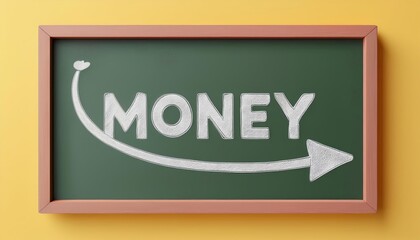 Chalkboard sign with the word 'money' illustrated creatively. Perfect for financial themes and educational materials.