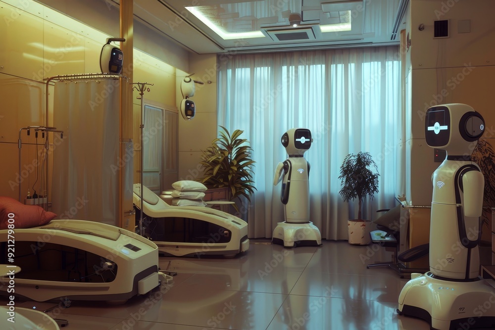 Poster a group of automated robotic assistants working together in a room with various tasks and functions,