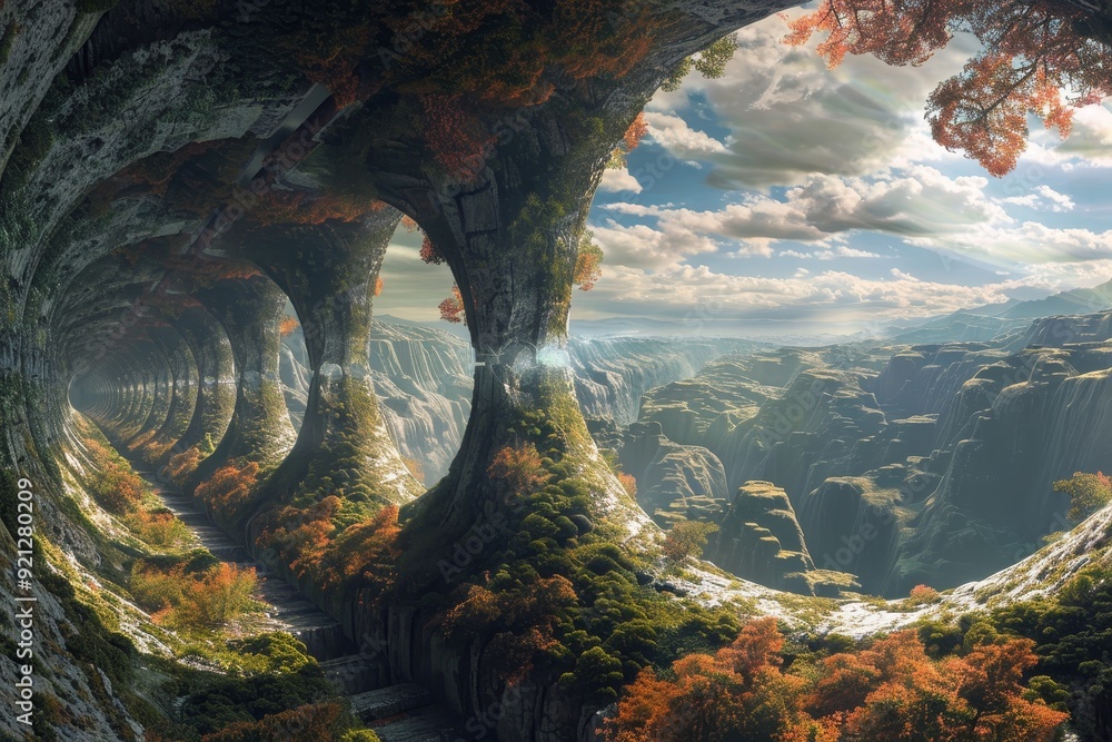 Poster a tunnel with trees lining the sides, creating a natural pathway, imagine a series of interconnected