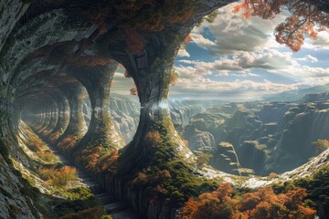 A tunnel with trees lining the sides, creating a natural pathway, Imagine a series of interconnected portals leading to different dimensions and worlds