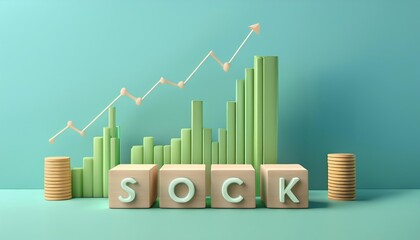 Visual representation of stock market growth, featuring blocks with 'SOCK' and green bars symbolizing financial progress.