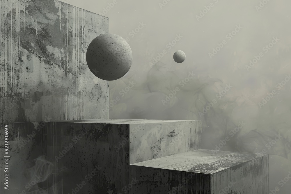 Poster a painting depicting a staircase with two spheres floating on it in a dreamlike setting, imagine a s