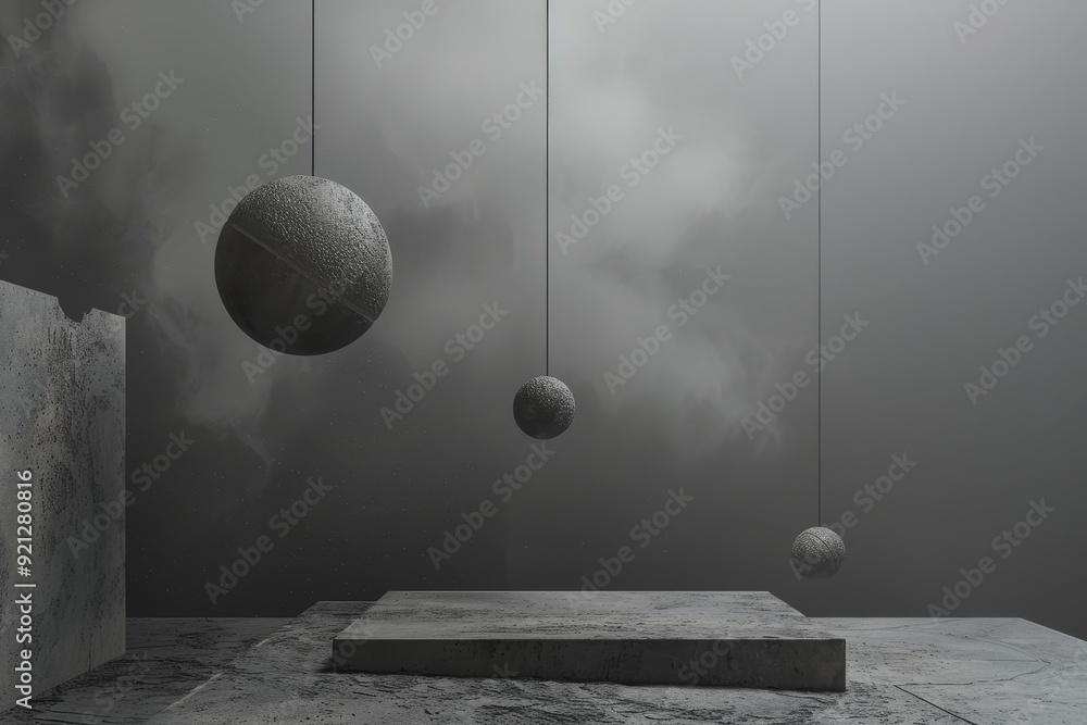 Poster black and white room with numerous balls hanging from the ceiling creating a surreal atmosphere, ima