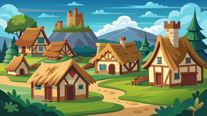 , A medieval village with thatched cottages vector illustration