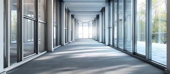 Fototapeta premium An empty office corridor with sleek glass partitions, modern grey carpeting, 